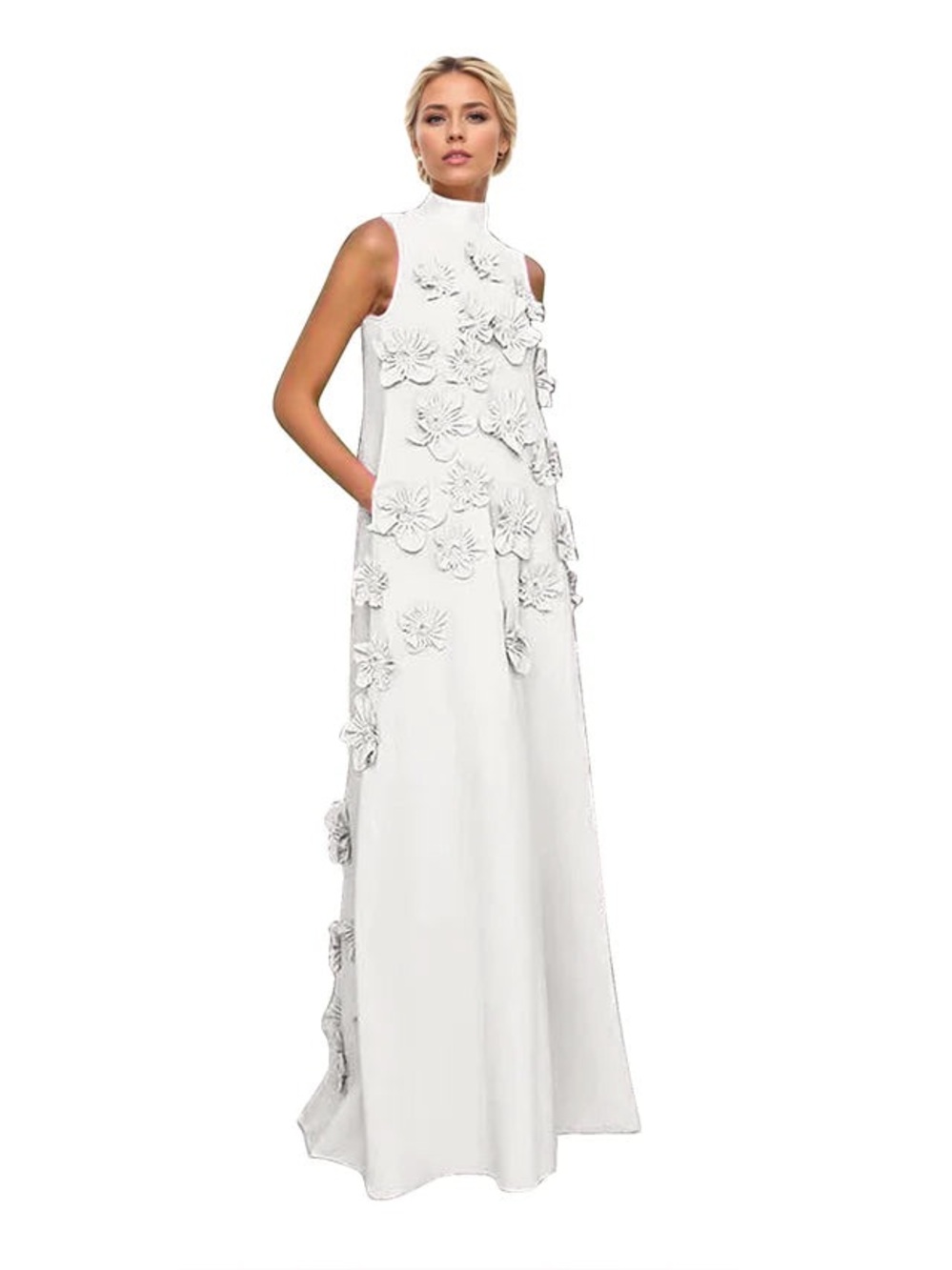 Floral Embellished White Crepe Dress with 3D Flowers Sz 6 NWT $160
